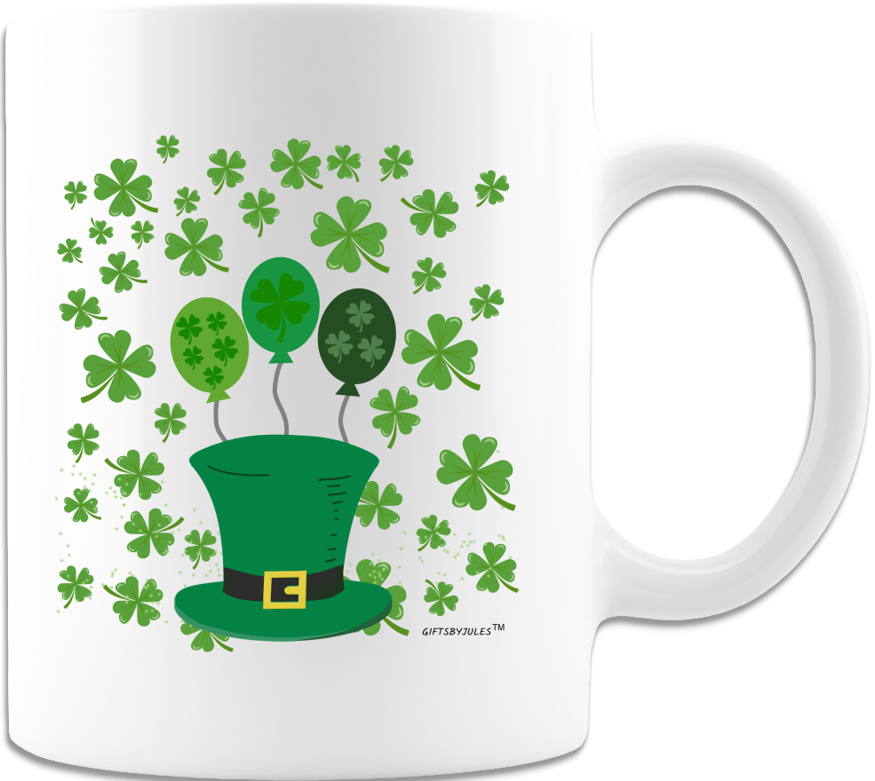 St Patrick Day Coffee mug-White 11oz and 15oz -Ceramic Good-Luck Four Leaves Clover -Lucky Clover Mugs with Party Hat