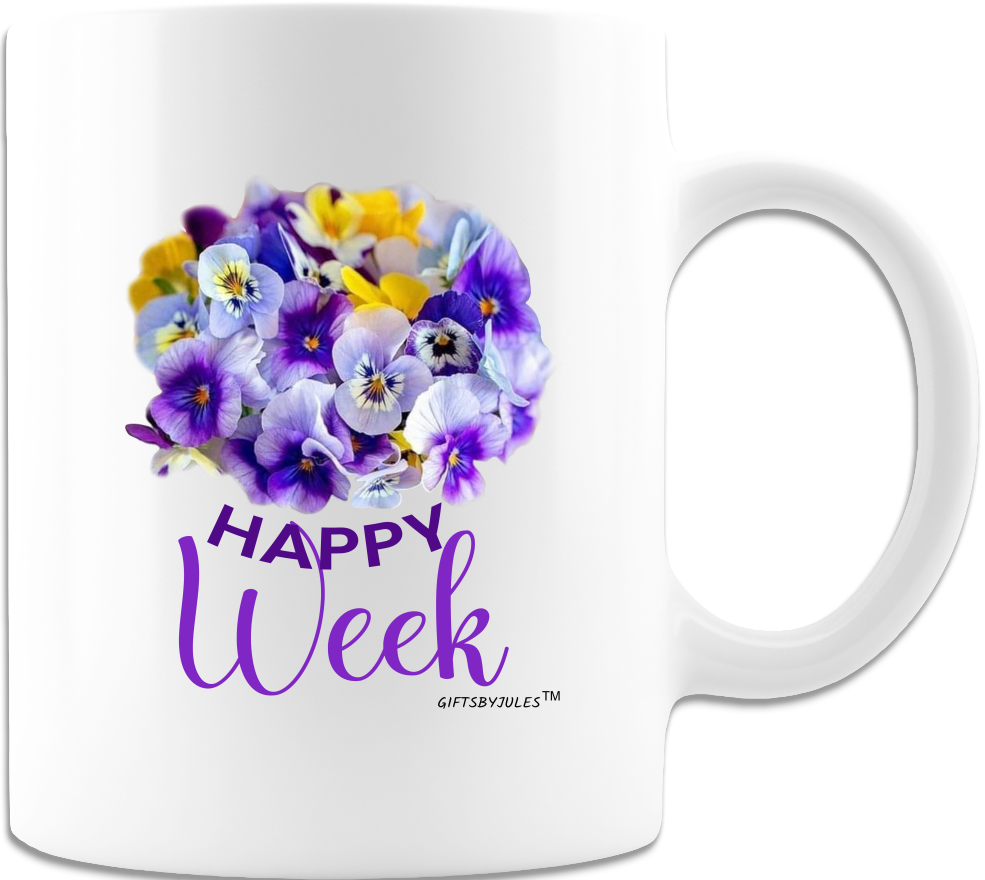 Happy Week -Pansies Flowers -Mug - Coffee Mug - White
