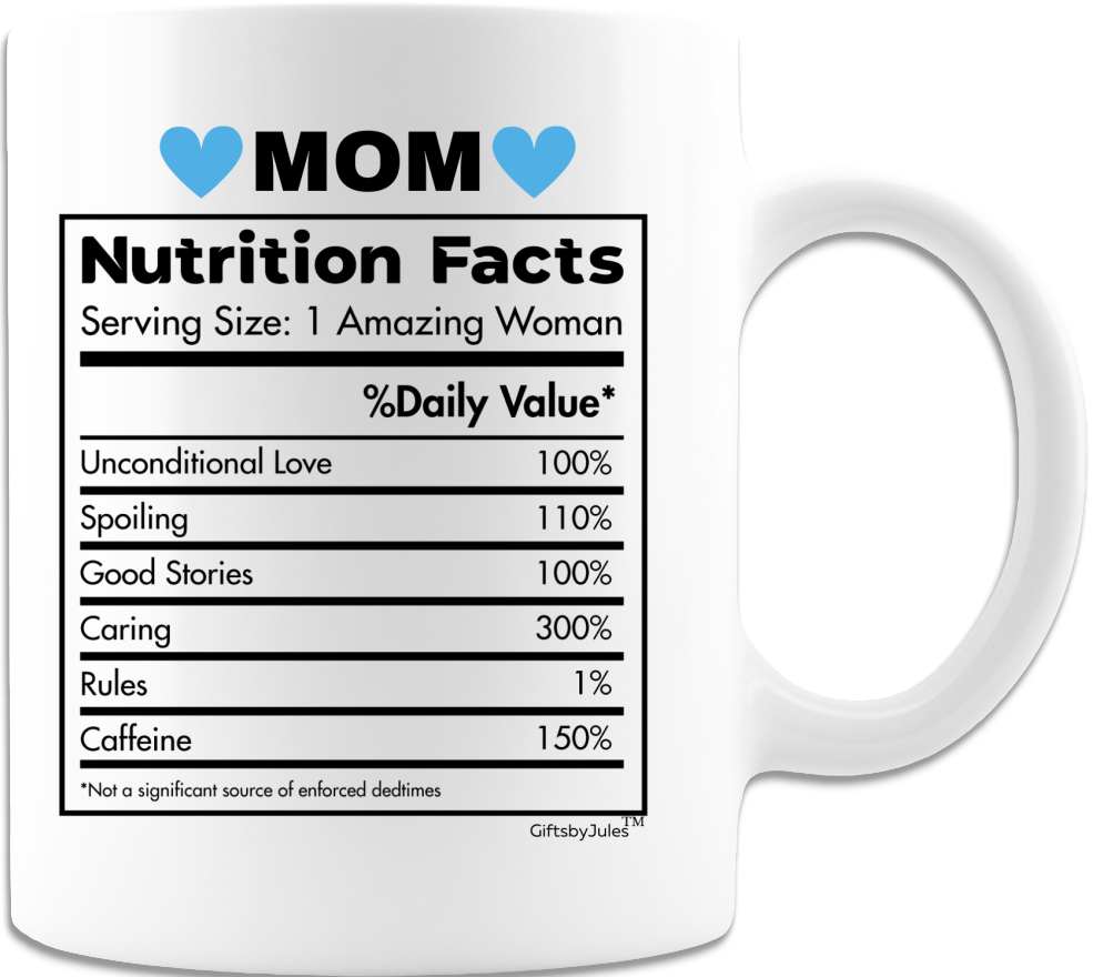 Mom Nutrition Facts  -An Amazing woman Mug - Coffee Mug - White - Gifts for Birthday-Mother's day, Christmas, Holidays.