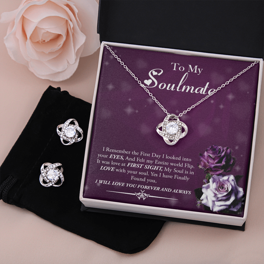 To My Soulmate -I will Love You Forever And Always-Love Knot Earring and Necklace Set
