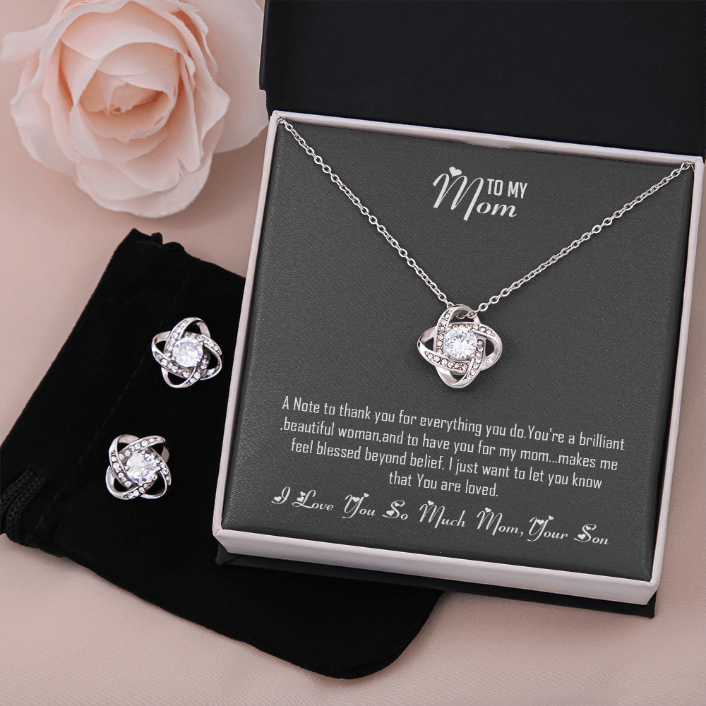 To My Mom-I Love You So Much Mom-Your Son- Love Knot Earring And Necklace Set