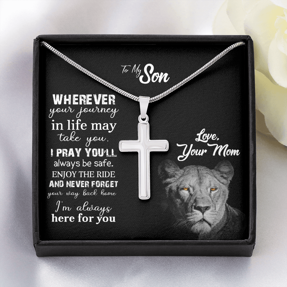 Gifts for Son From Mom -I Am Always Here For You- Stainless Steel Cross Necklace With Message Card