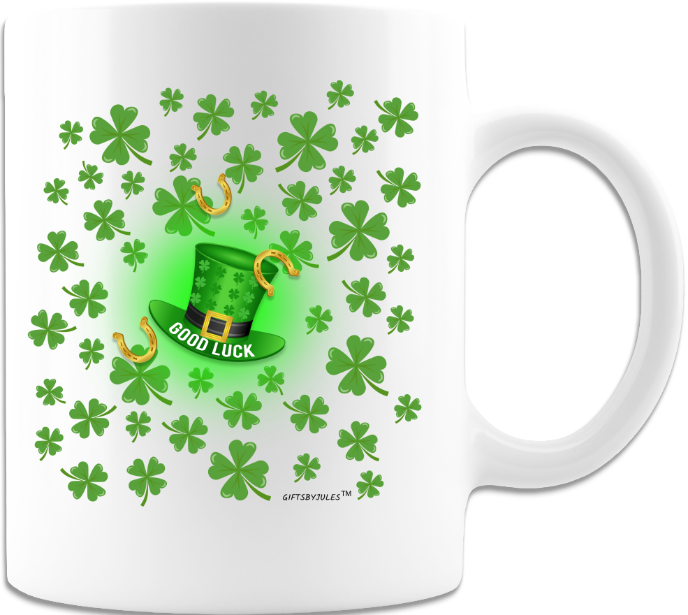 Good Lucky-Horse shoe and Four Clover Leaf -St Patrick's Day - Funny Coffee mug-White 11oz and 15oz -Ceramic Good-Luck Horseshoe and Four Leaves Clover -Lucky Clover Mugs